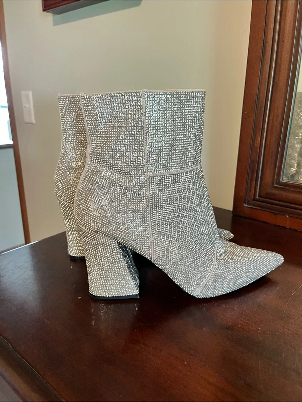 Madden Girl Silver Crystal Embellished Pointed Toe Block Heel Ankle Boots